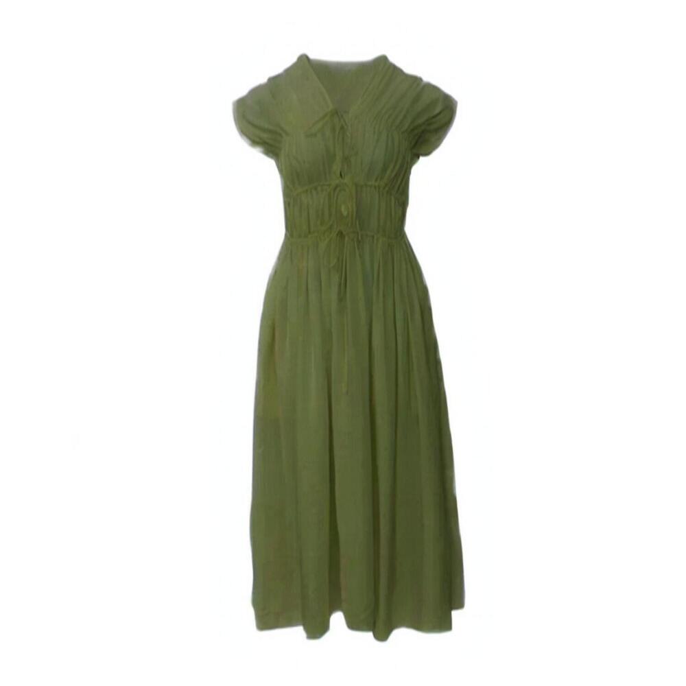 NEW NARY women's three-tier bias cut linen midi dress in army green